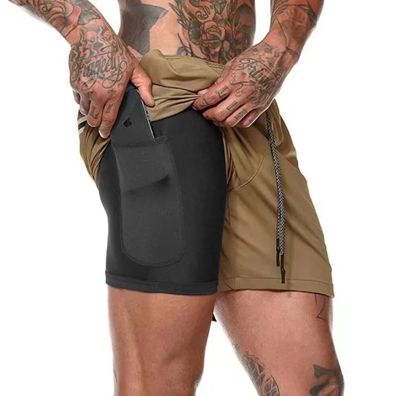 Men Double Layer Fitness Shorts 2 in 1 Quick Dry Training