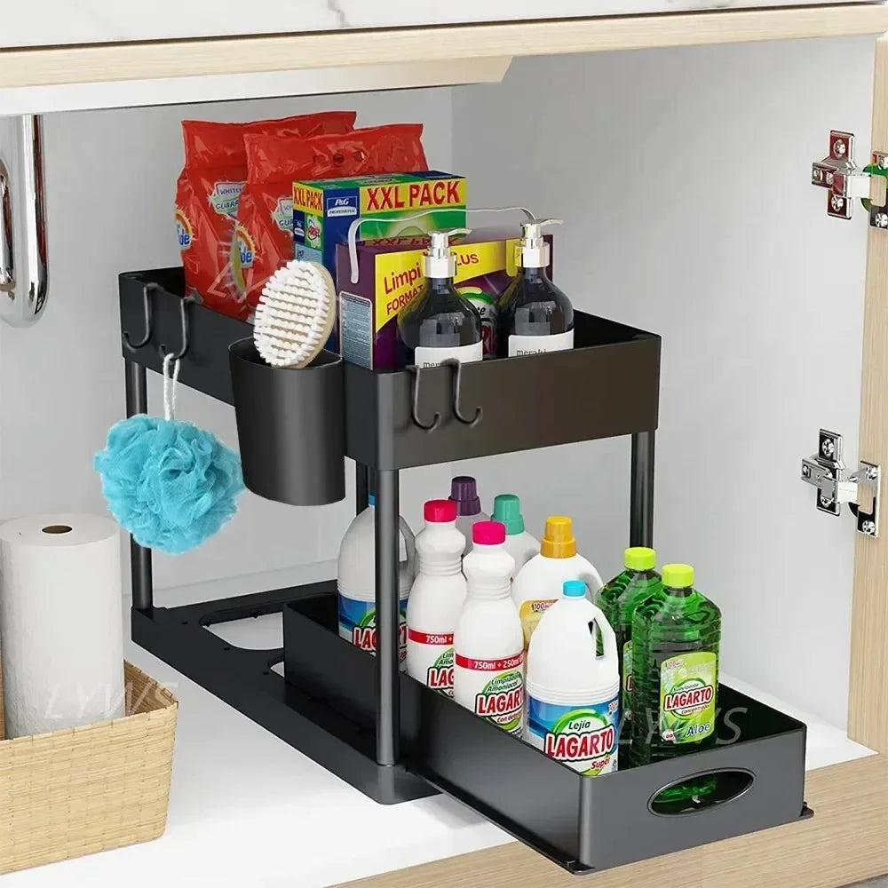 Two Tier Under Sink Organizer With Sliding Basket And Hooks