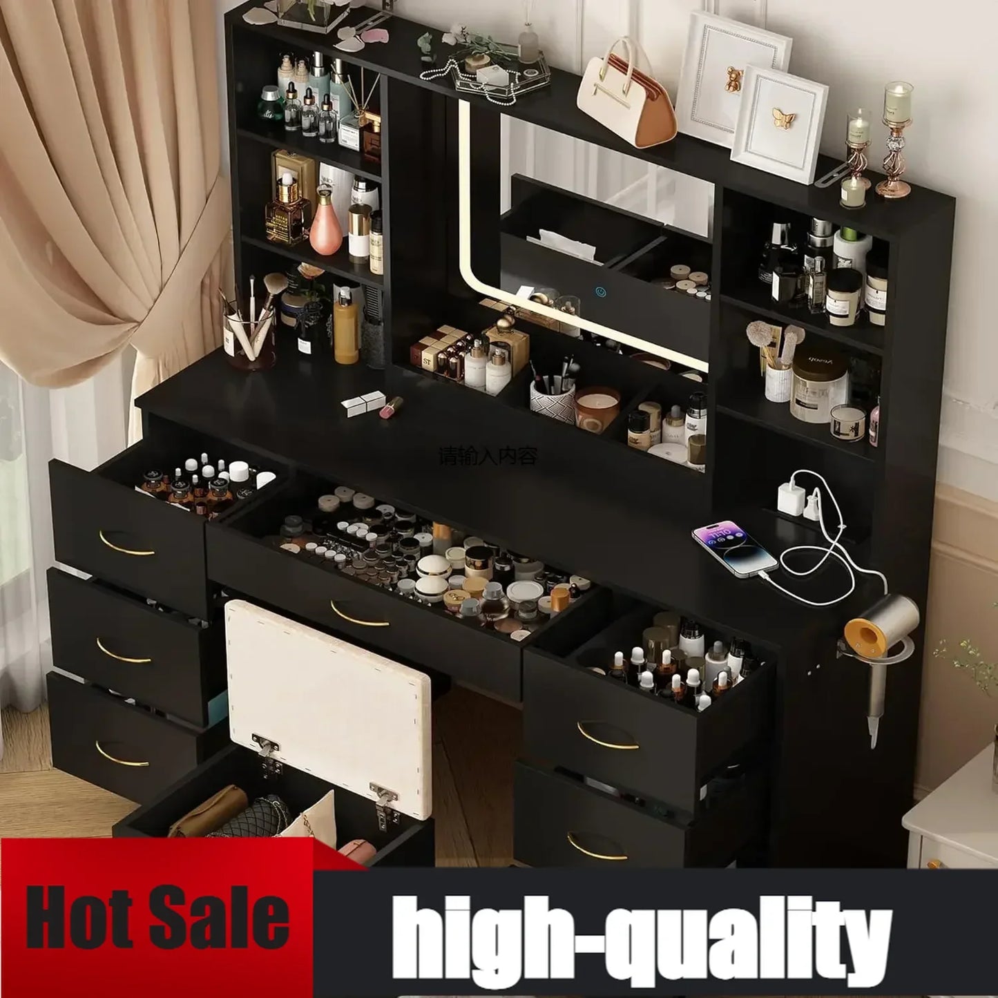 47 Inch Large Vanity Desk With Mirror And LED Lights Black