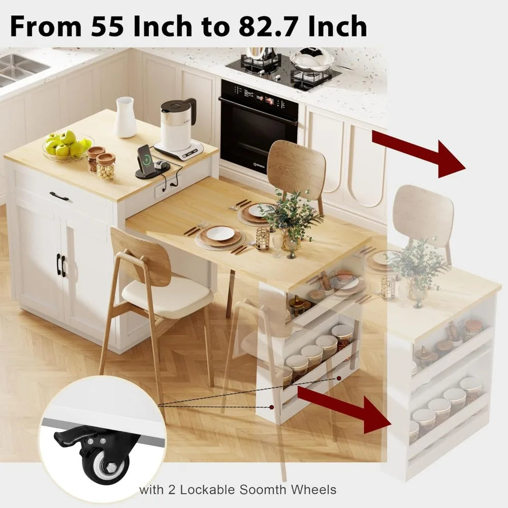 Extendable Kitchen Island With Power Outlet And Storage