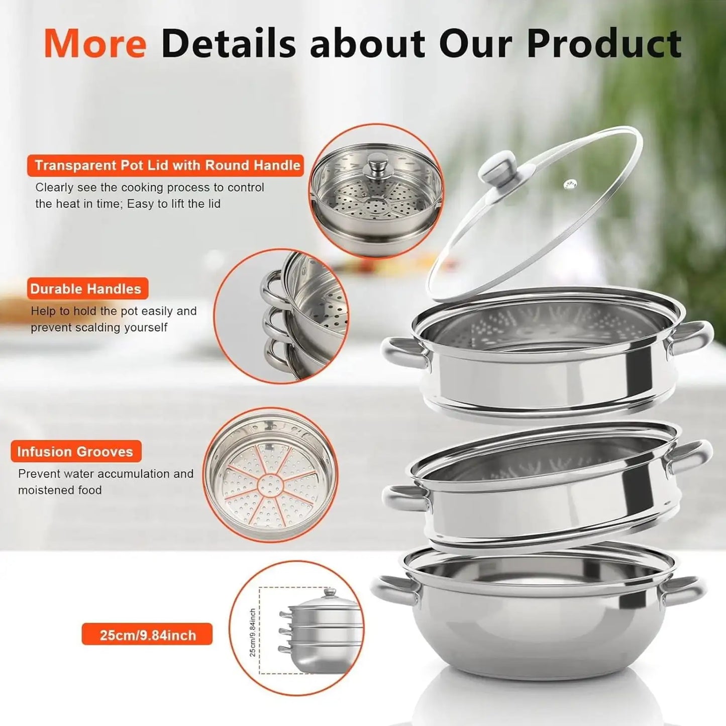 11 Inch Stainless Steel Steamer Pot 3 Tier With Lid