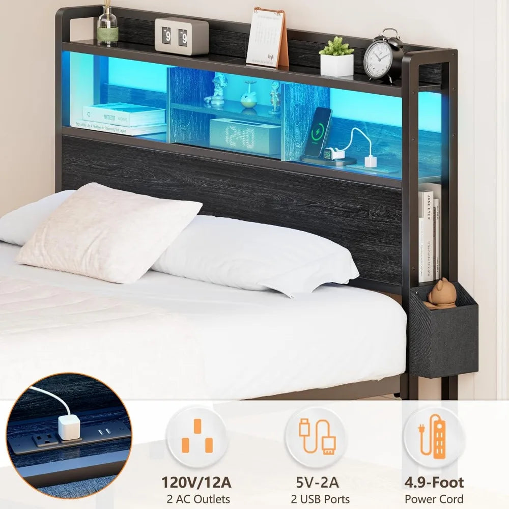 Bed Frame With Wood Headboard Metal Platform Full Storage