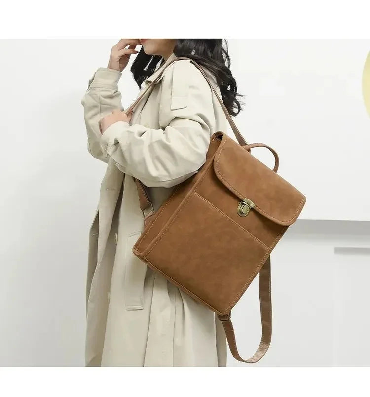 Elegant Korean Style Faux Leather Shoulder Bag For Women Commuting Travel Matte Finish Double Strap Laptop Backpack