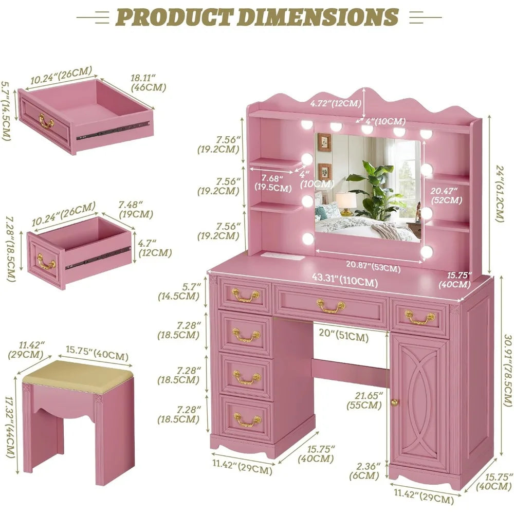 Vanity Desk With Large Mirror And Lights 43.3 6 Drawers