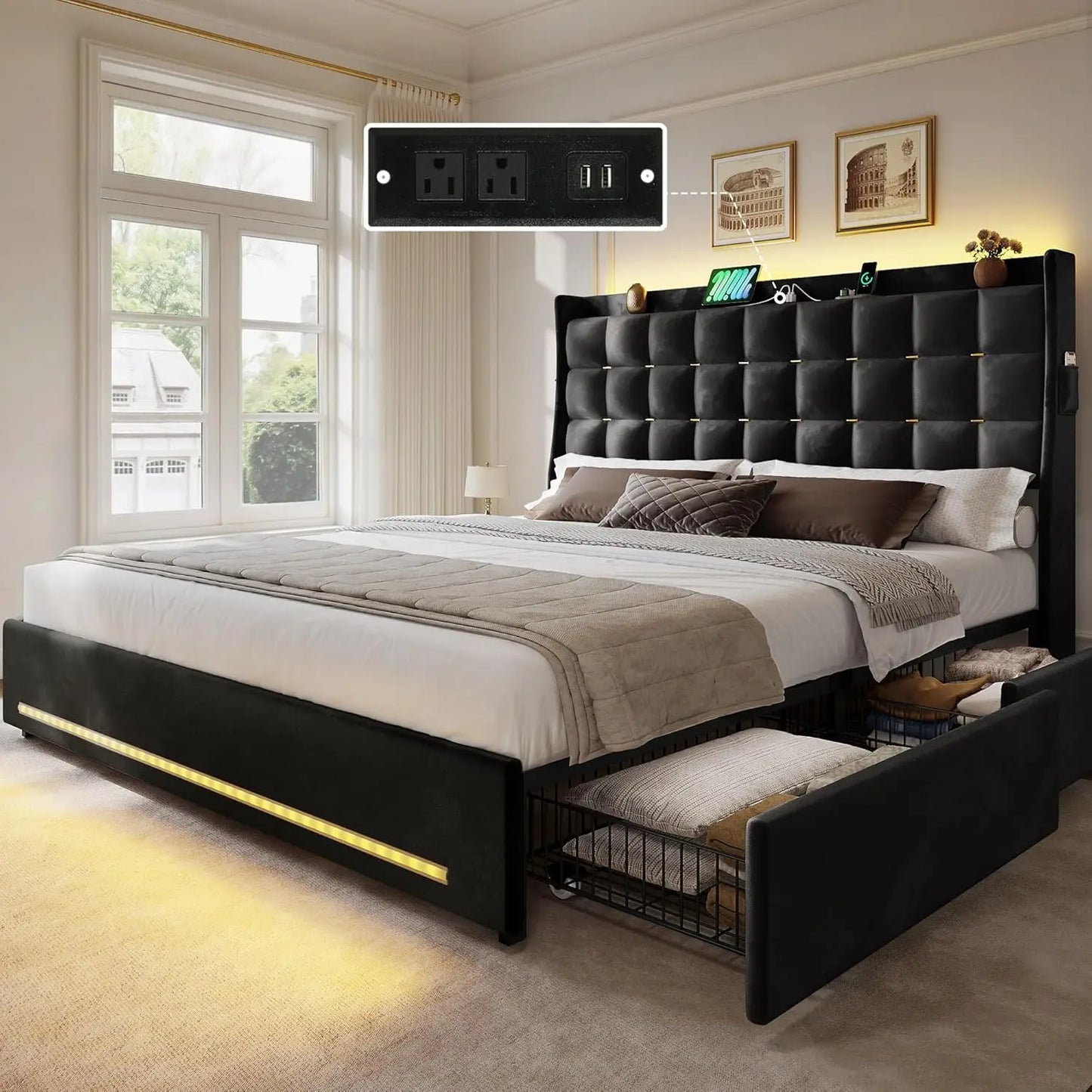 LED Lights Velvet Upholstered Platform Frame With Drawers
