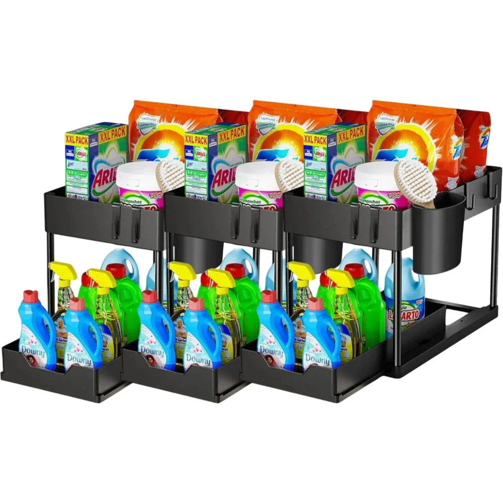 Two Tier Under Sink Organizer With Sliding Basket And Hooks