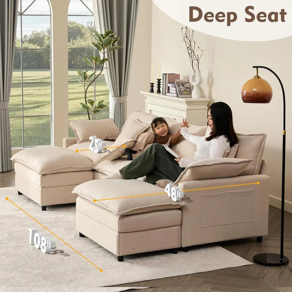108 U Shaped Modular Sectional Sofa With Movable Ottoman