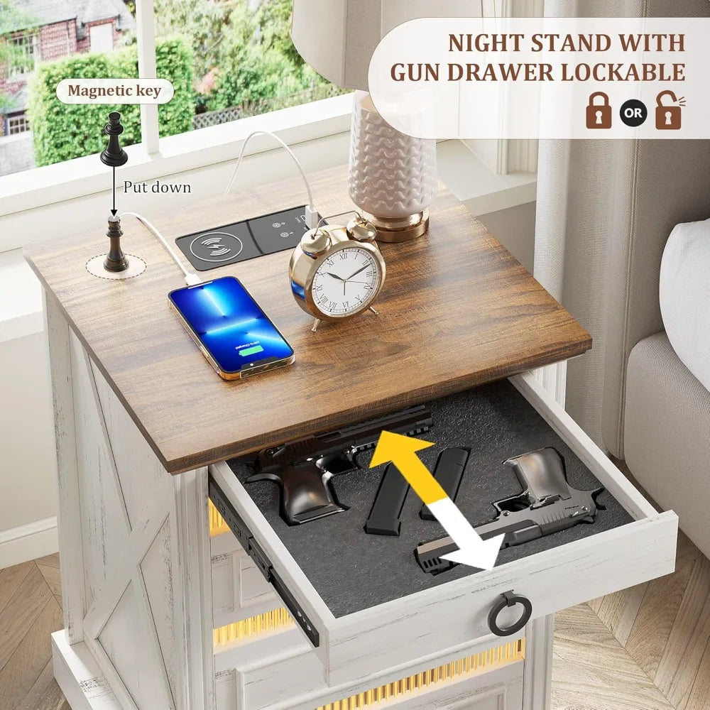 Farmhouse Nightstand With Gun Drawer LED Sensor Light