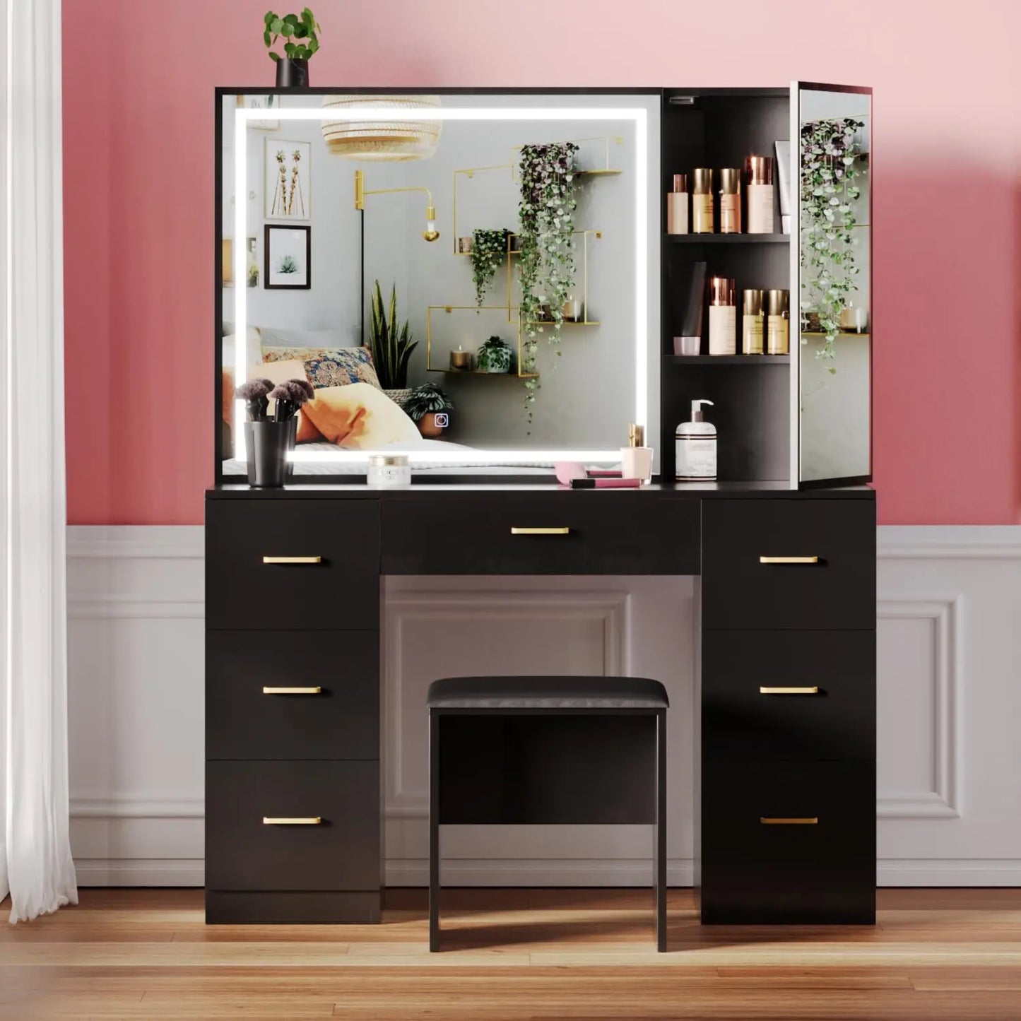 Vanity Desk Lighted Mirror Charging Station Glass Tabletop