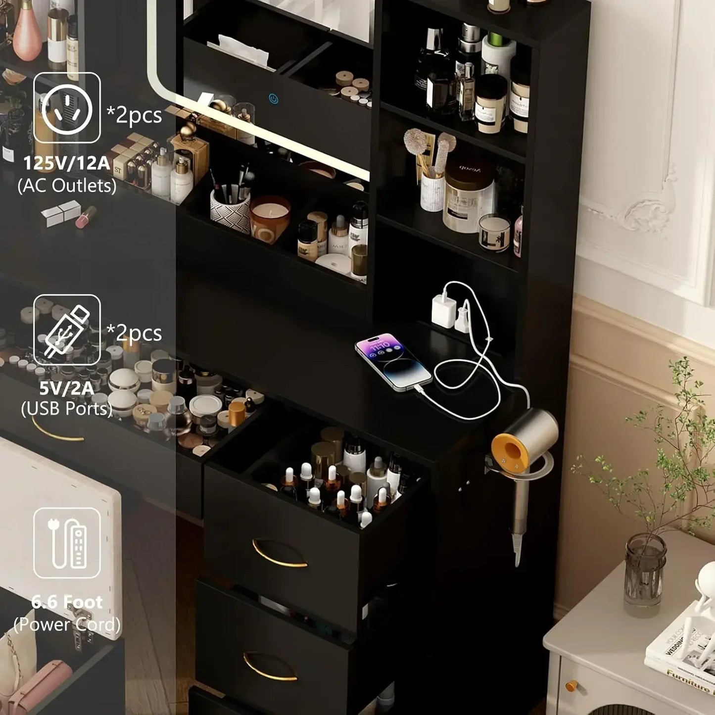 47 Inch Large Vanity Desk With Mirror And LED Lights Black