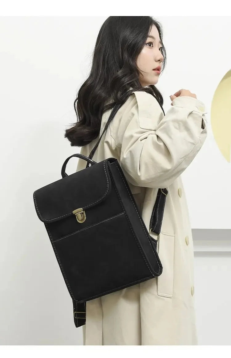 Elegant Korean Style Faux Leather Shoulder Bag For Women Commuting Travel Matte Finish Double Strap Laptop Backpack