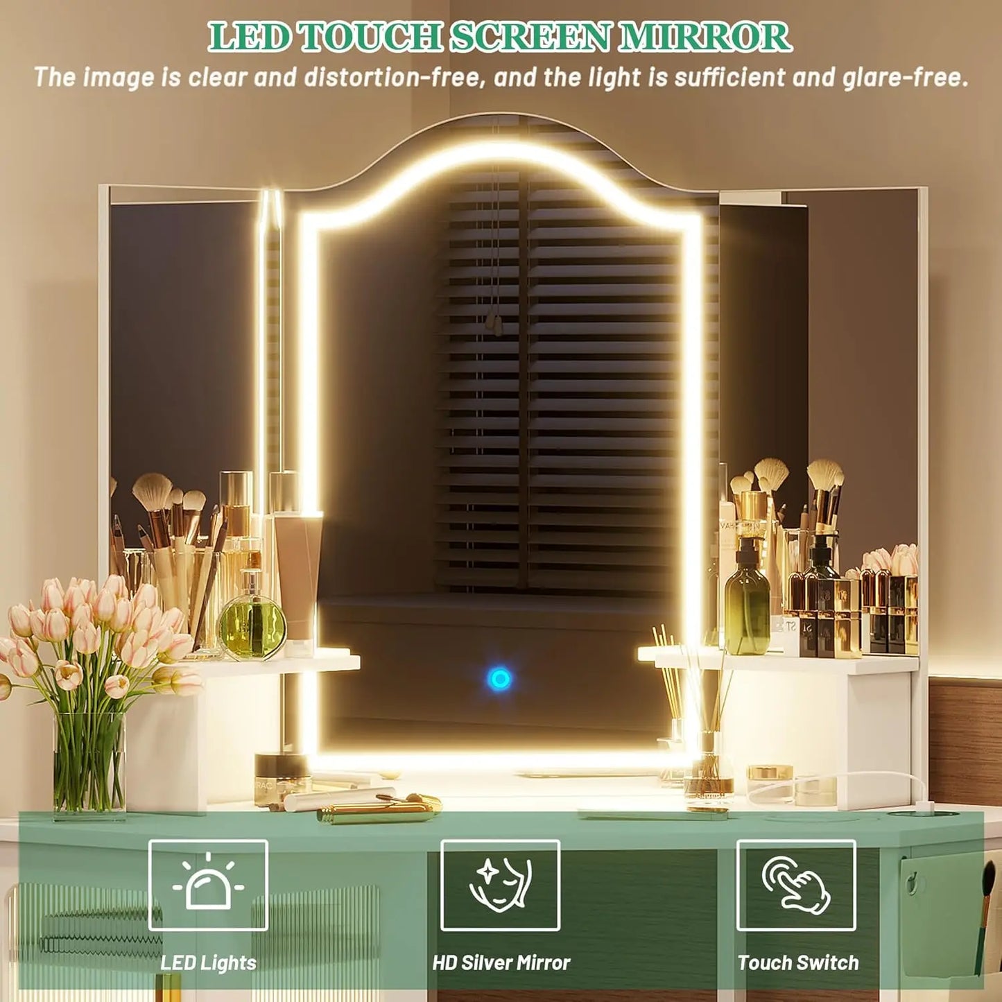 White Vanity Desk With Lighted Mirror And Charging Station