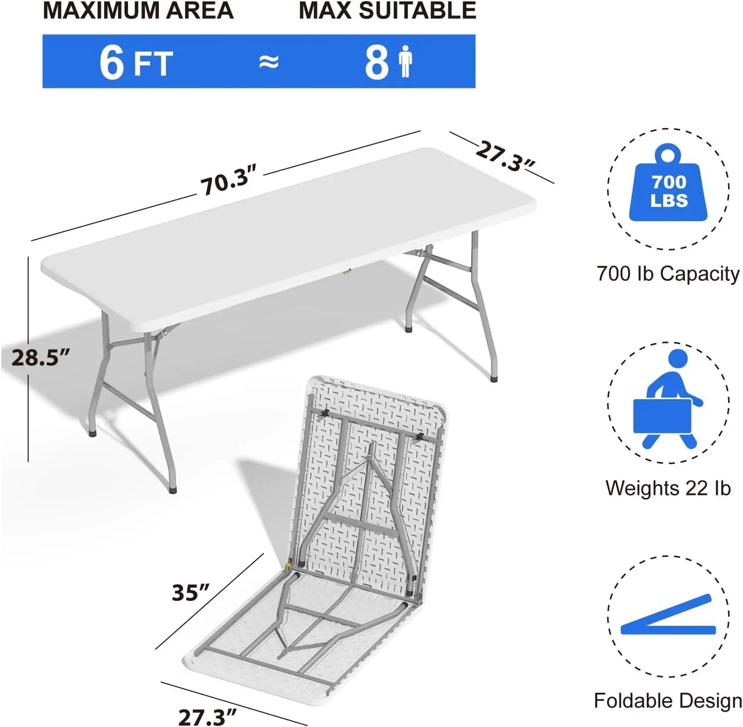 2 Pack Foldable 6Ft Plastic Tables With Lock Handle Outdoor