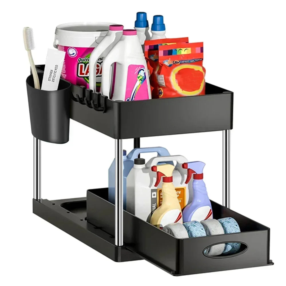 Two Tier Under Sink Organizer With Sliding Basket And Hooks