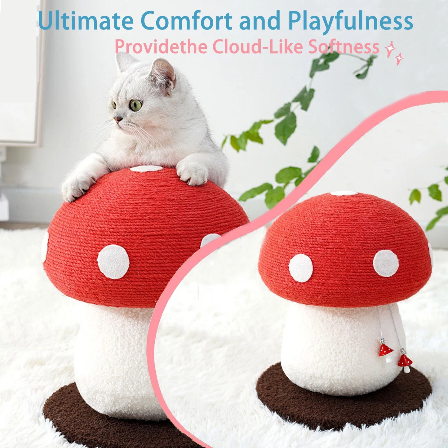 Red Mushroom Shaped Sisal Cat Scratching Post Durable Safe