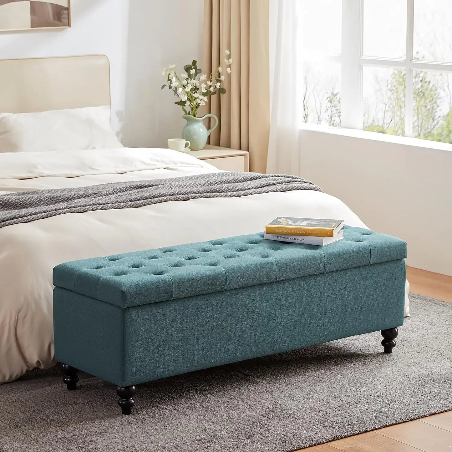 Upholstered Button Tufted Storage Ottoman With Safety Hinge