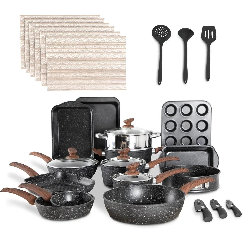 30 Piece Nonstick Granite Coated Cookware Set With Bakeware
