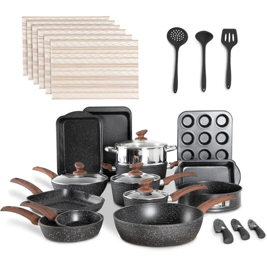 30 Piece Nonstick Granite Coated Cookware Set With Bakeware