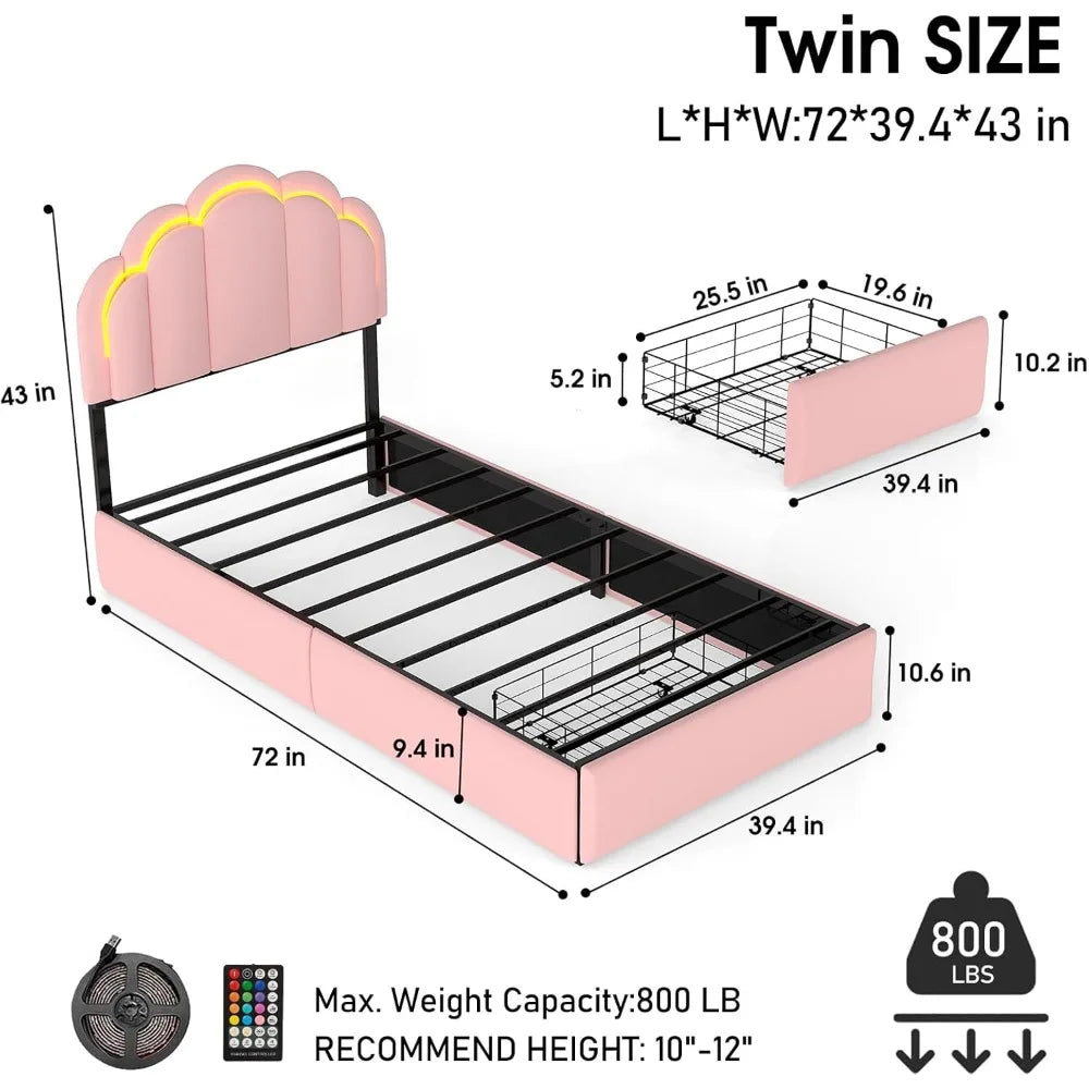 Upholstered LED Bed Frame Petal Headboard Storage Drawer