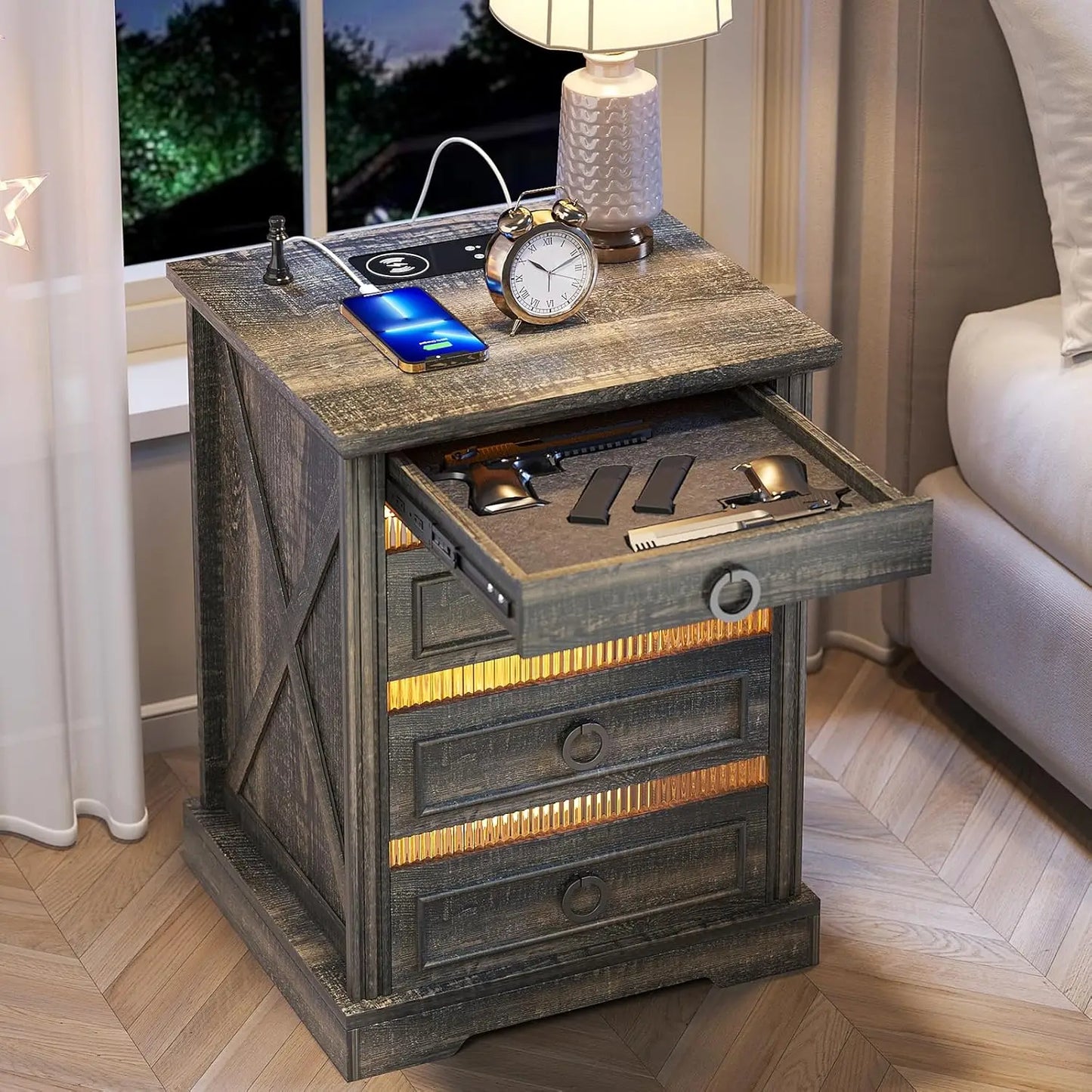 Farmhouse Nightstand With Gun Drawer LED Sensor Light