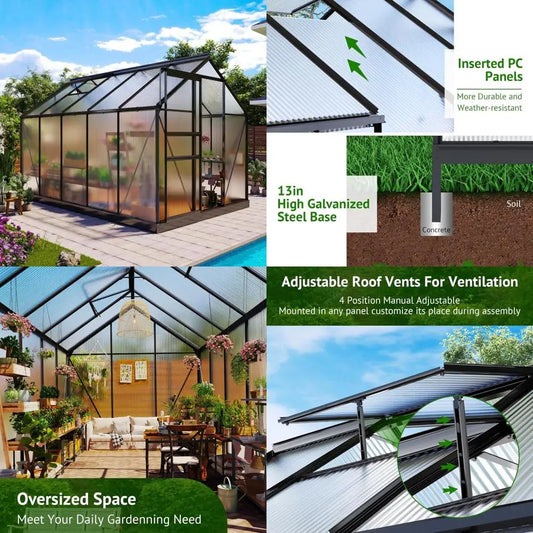 Sturdy Aluminum Outdoor Greenhouse 10x6ft Polycarbonate