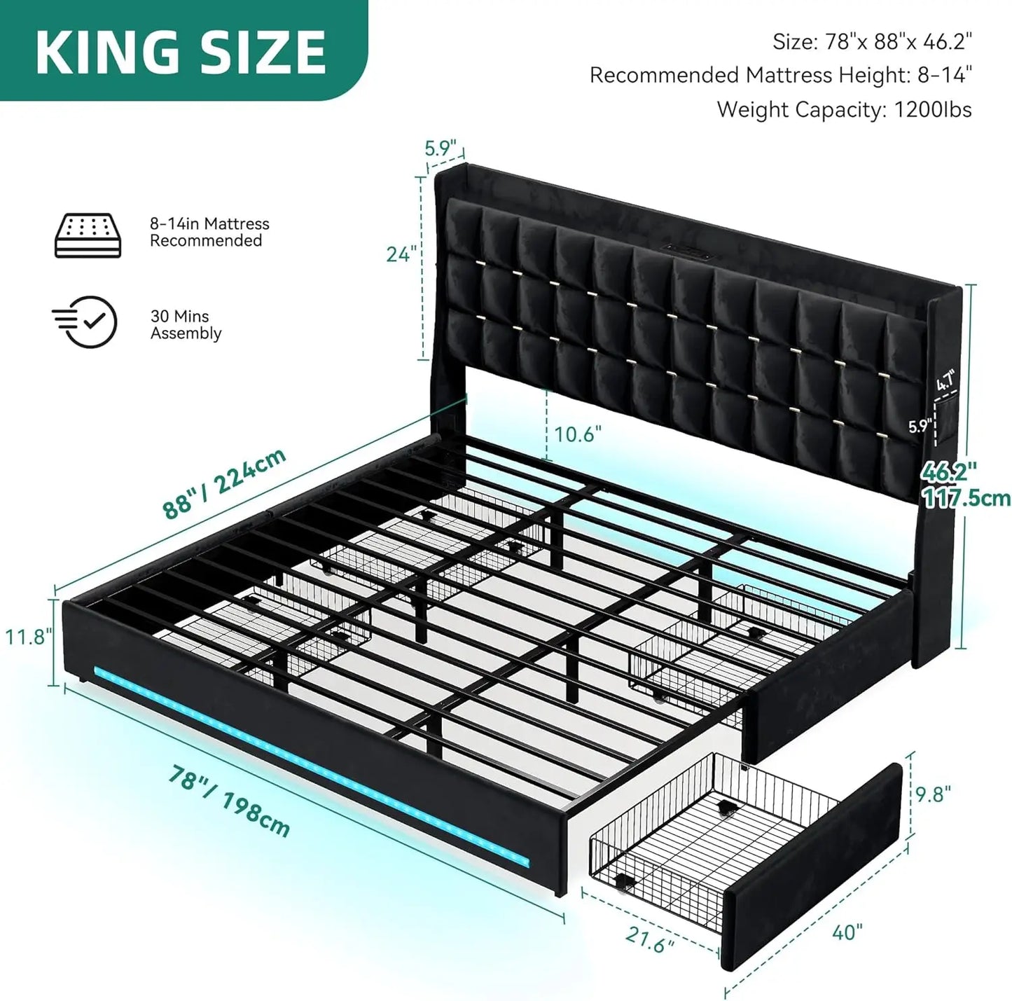LED Lights Velvet Upholstered Platform Frame With Drawers