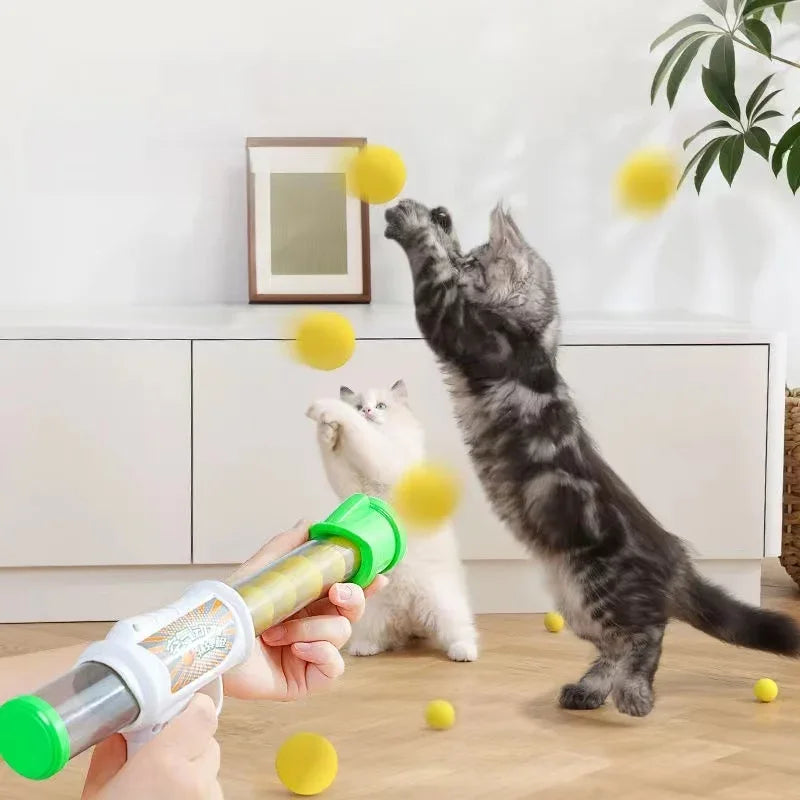 Launch Training Cat Toys Interactive Shooter Gun Teaser Plush Ball Cats Creative Games Stretch Pompoms Gato Supplies