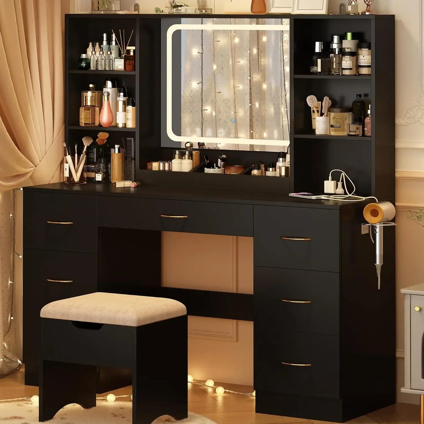 47 Inch Large Vanity Desk With Mirror And LED Lights Black