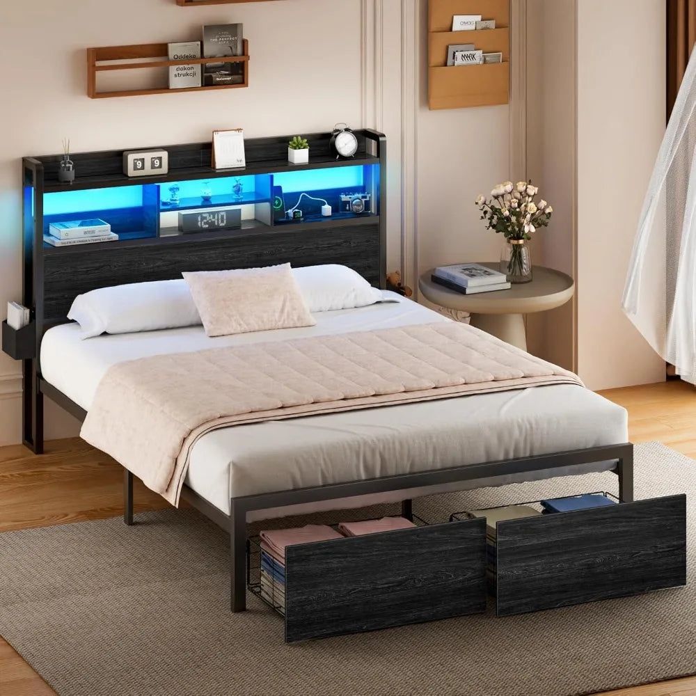 Bed Frame With Wood Headboard Metal Platform Full Storage