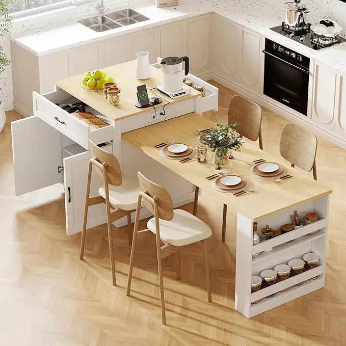 Extendable Kitchen Island With Power Outlet And Storage