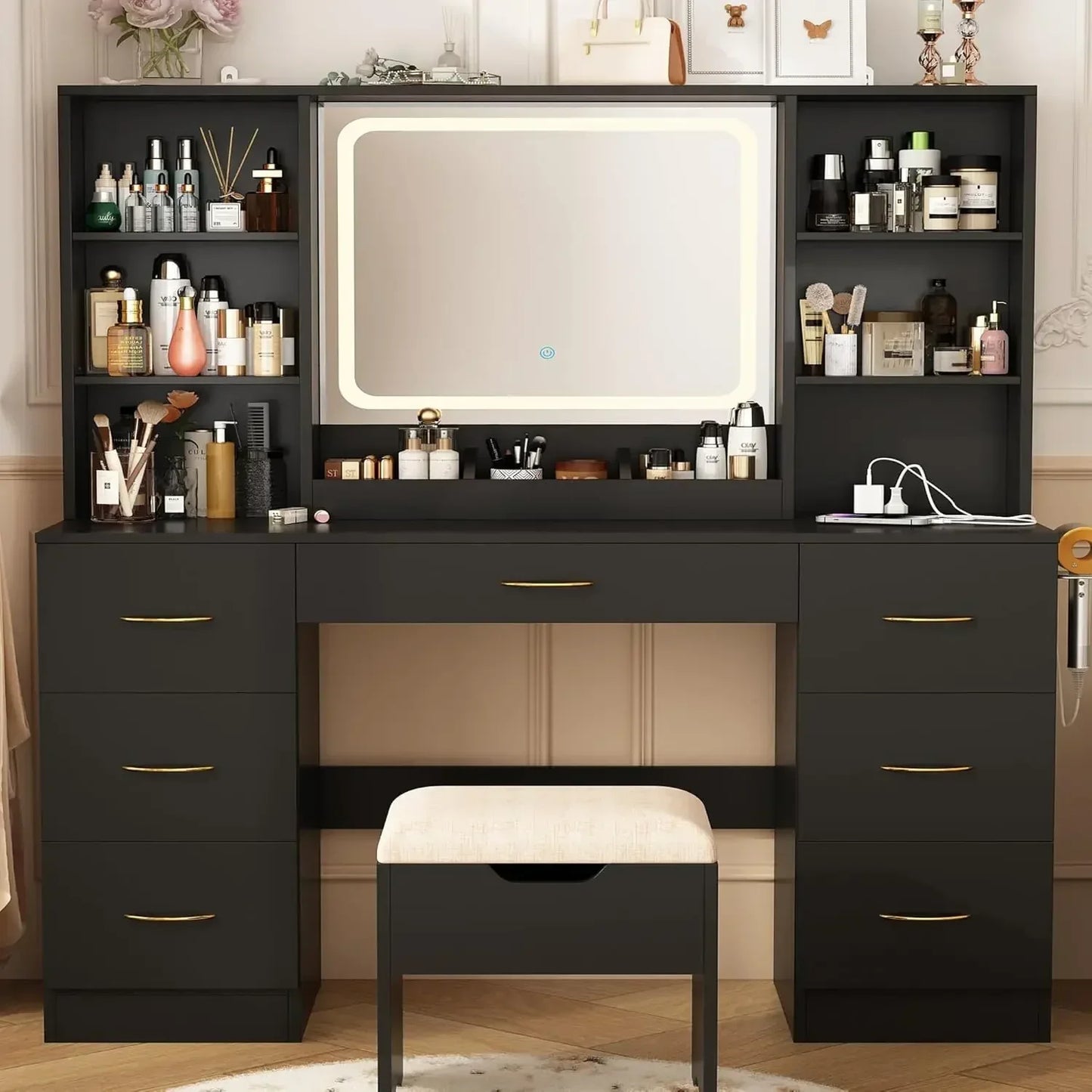 47 Inch Large Vanity Desk With Mirror And LED Lights Black