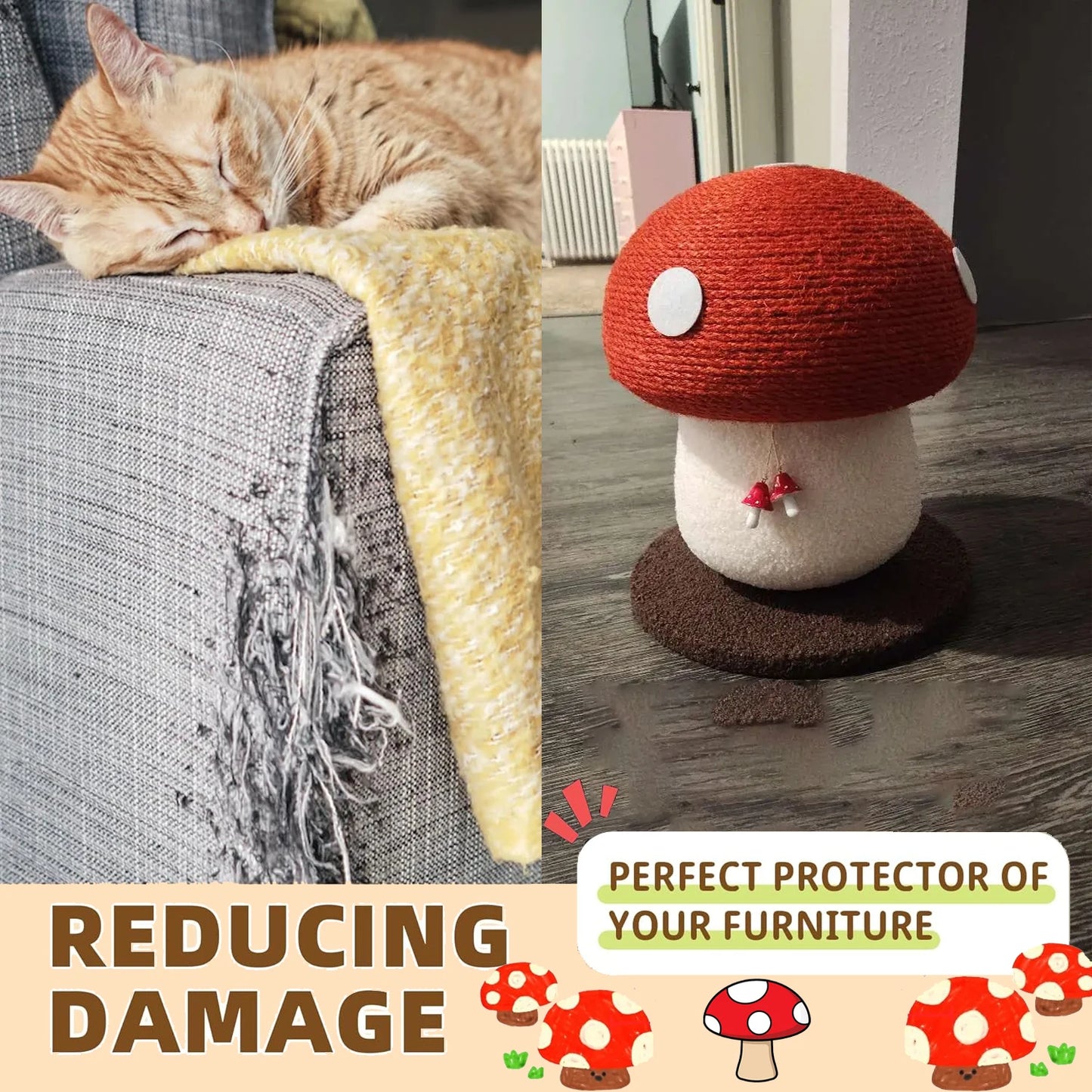 Red Mushroom Shaped Sisal Cat Scratching Post Durable Safe