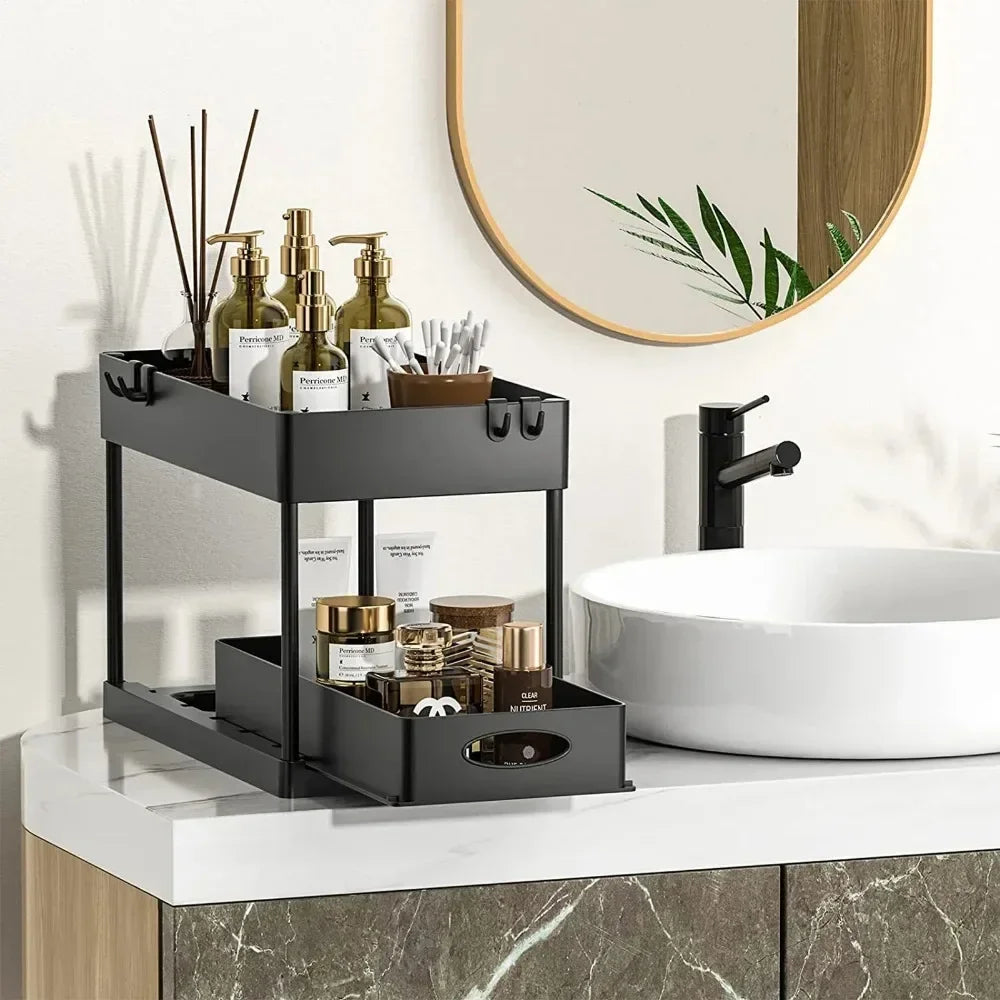 Two Tier Under Sink Organizer With Sliding Basket And Hooks