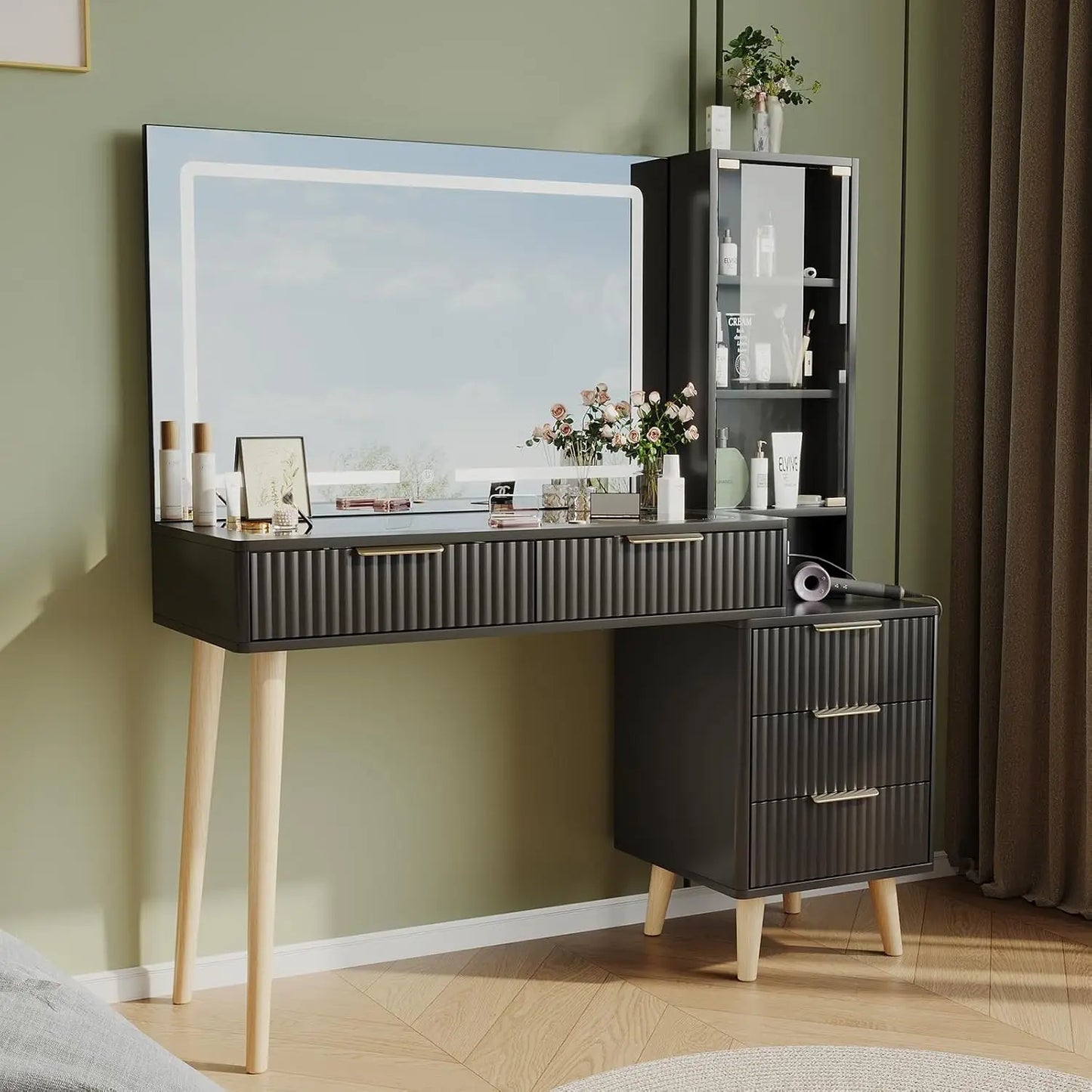 Fluted Vanity Desk 36 in LED Mirror and 47 in Makeup Table