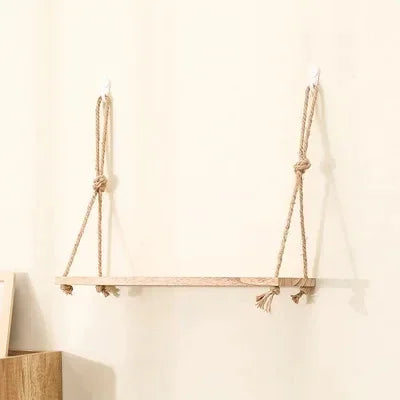 Wooden Floating Shelves For Wall With Hanging Rope Storage