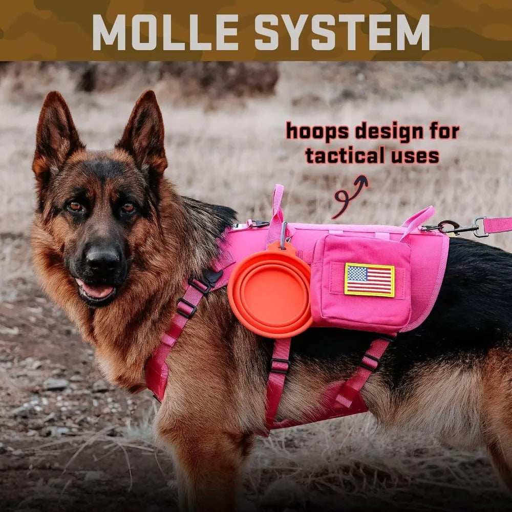 Pink Tactical Dog Harness for Large Dogs with Bungee Leash
