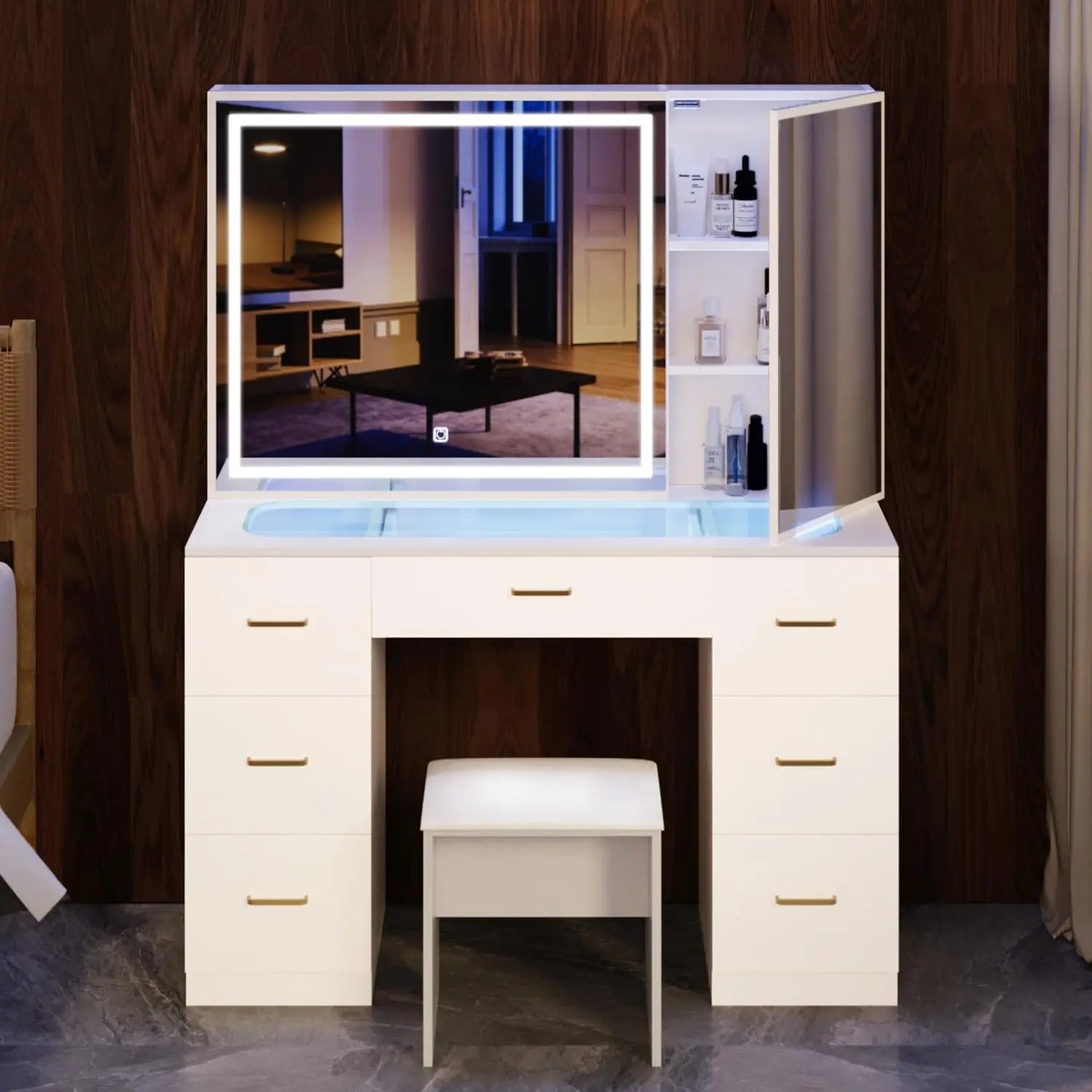 Vanity Desk Lighted Mirror Charging Station Glass Tabletop