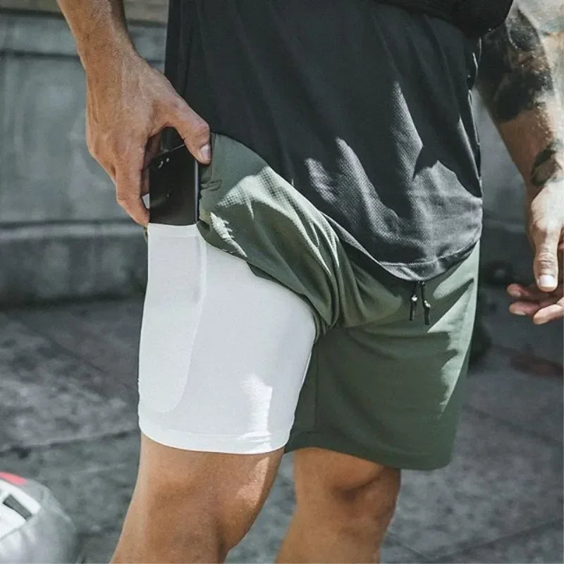 Men Double Layer Fitness Shorts 2 in 1 Quick Dry Training
