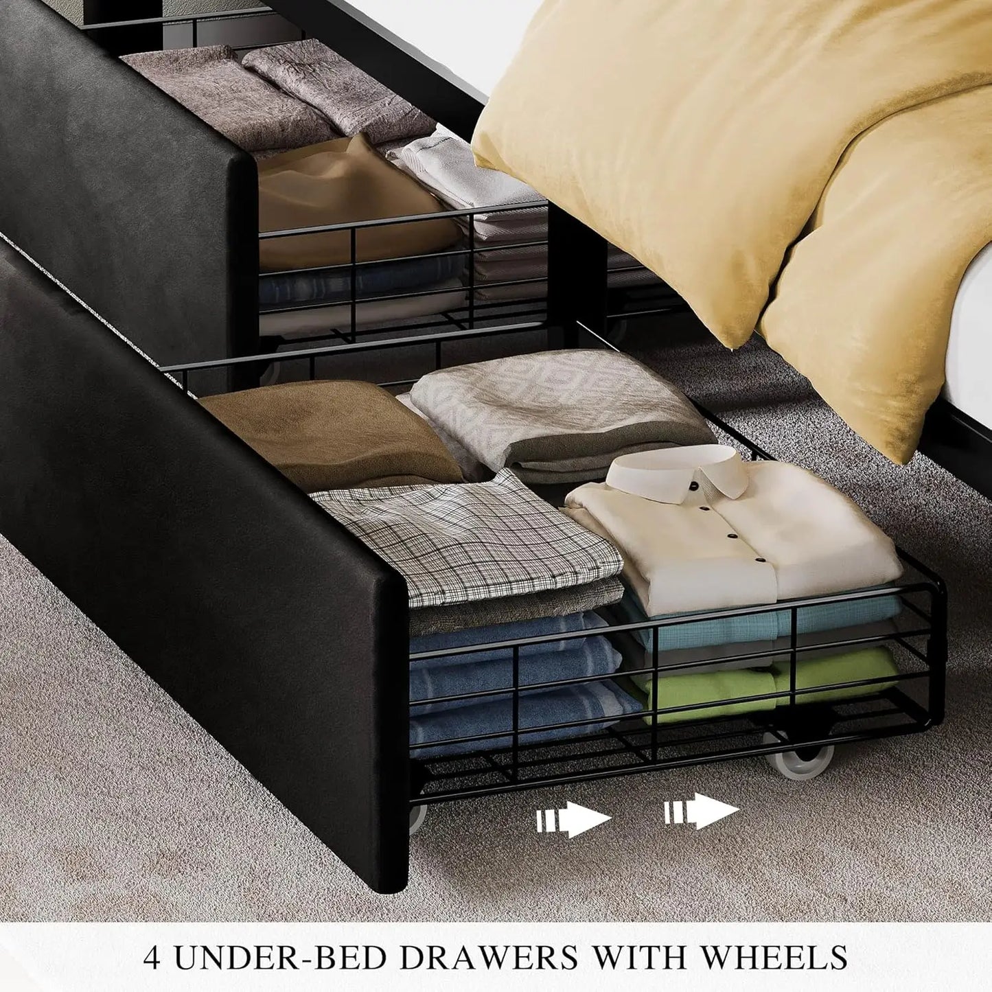 LED Lights Velvet Upholstered Platform Frame With Drawers