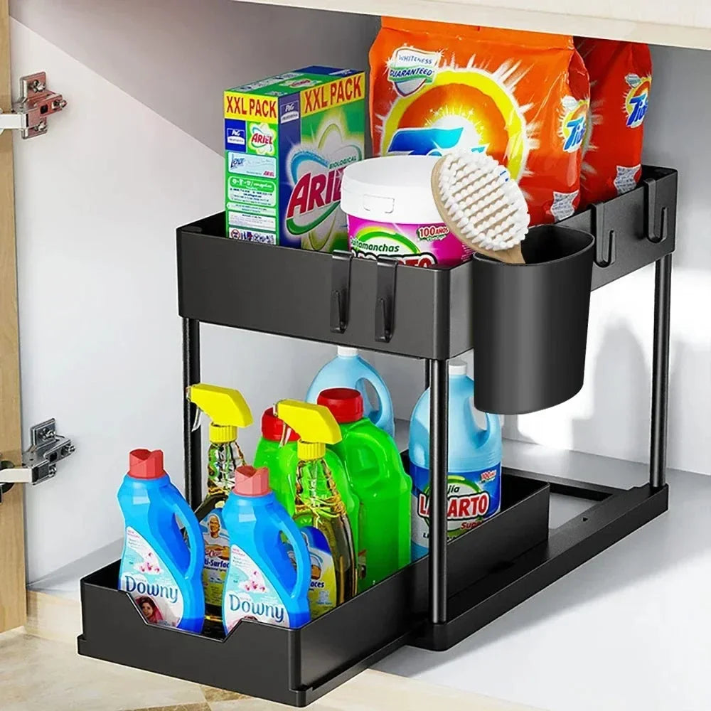 Two Tier Under Sink Organizer With Sliding Basket And Hooks