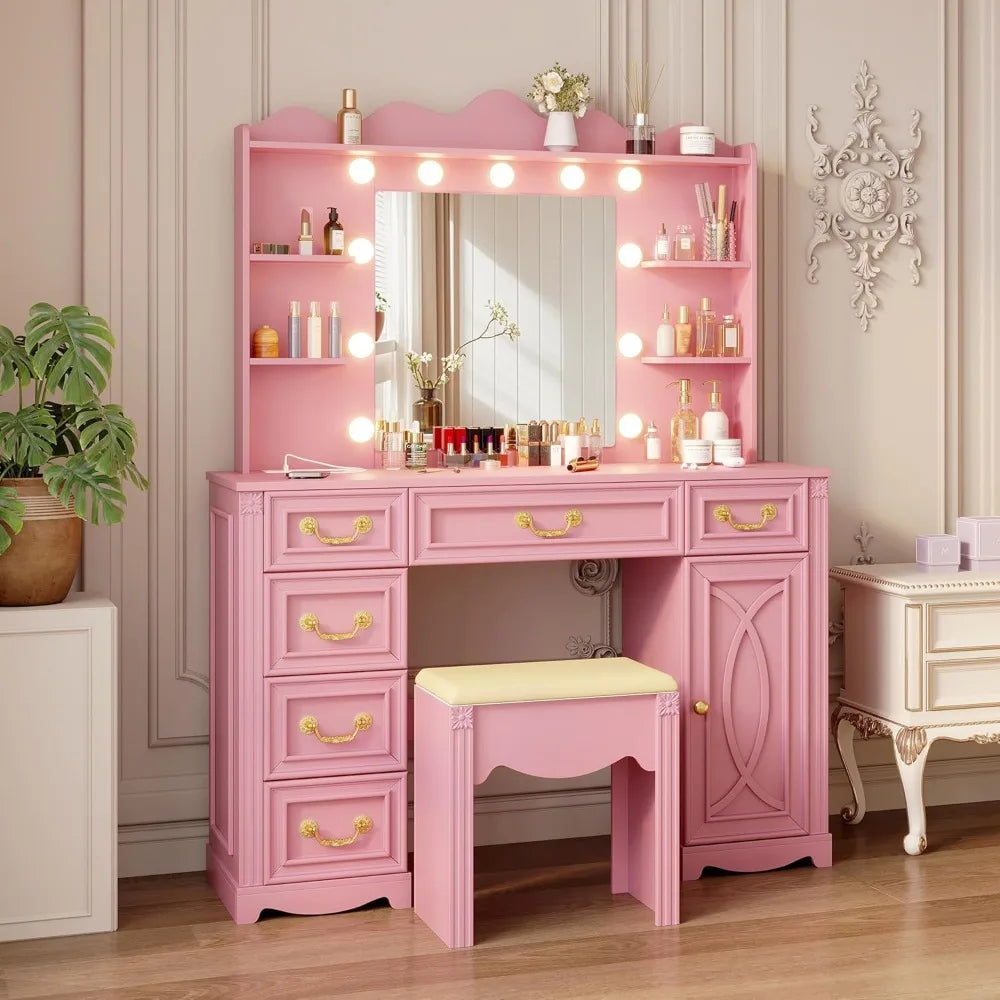 Vanity Desk With Large Mirror And Lights 43.3 6 Drawers
