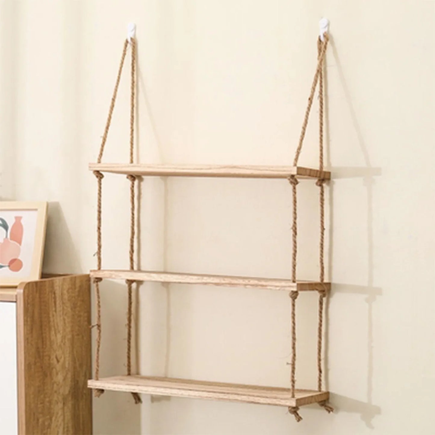 Wooden Floating Shelves For Wall With Hanging Rope Storage