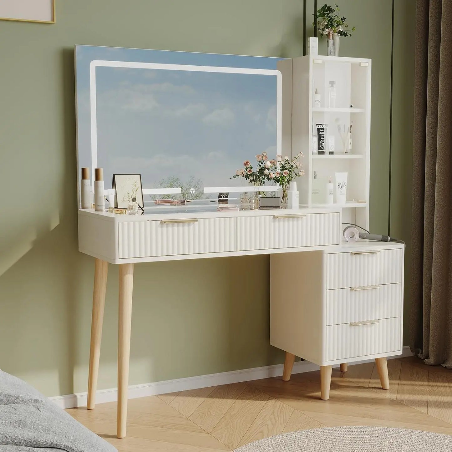 Fluted Vanity Desk 36 in LED Mirror and 47 in Makeup Table
