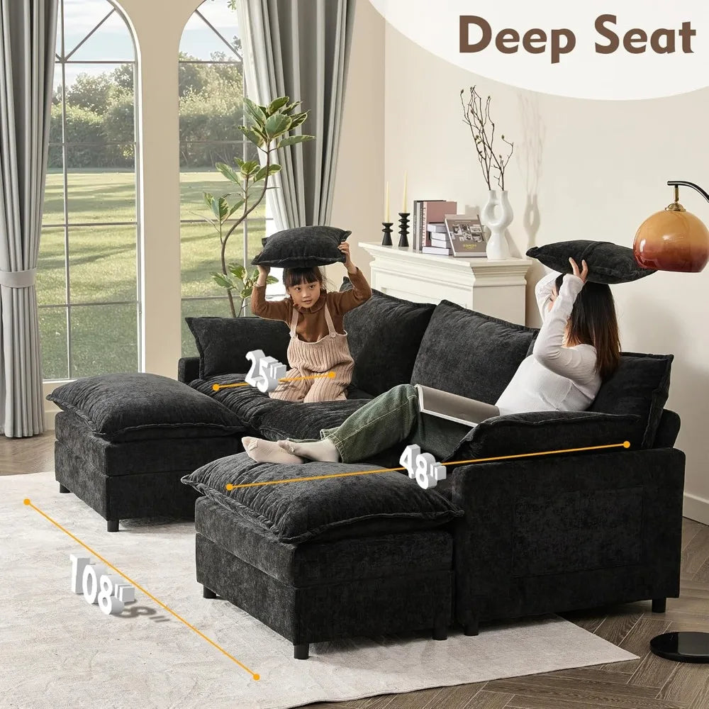 108 Inch U Shaped Three Seater Sofa Movable Ottoman