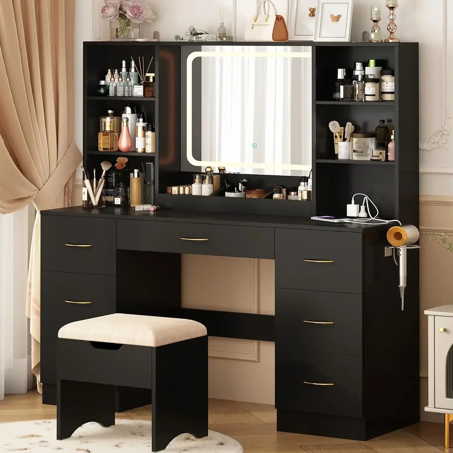 47 Inch Large Vanity Desk With Mirror And LED Lights Black