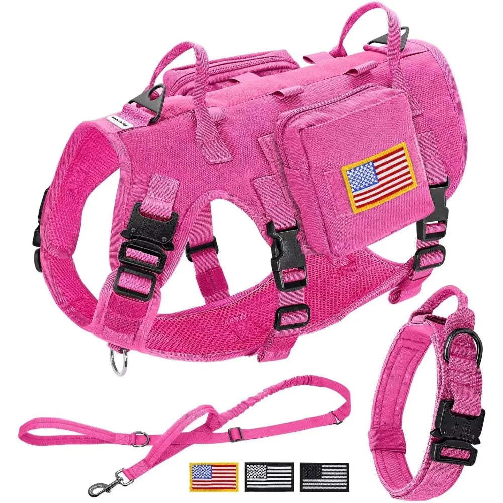 Pink Tactical Dog Harness for Large Dogs with Bungee Leash