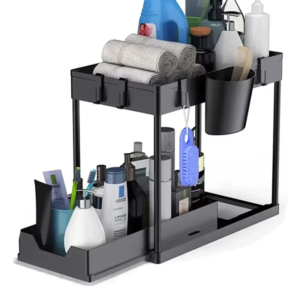 Two Tier Under Sink Organizer With Sliding Basket And Hooks