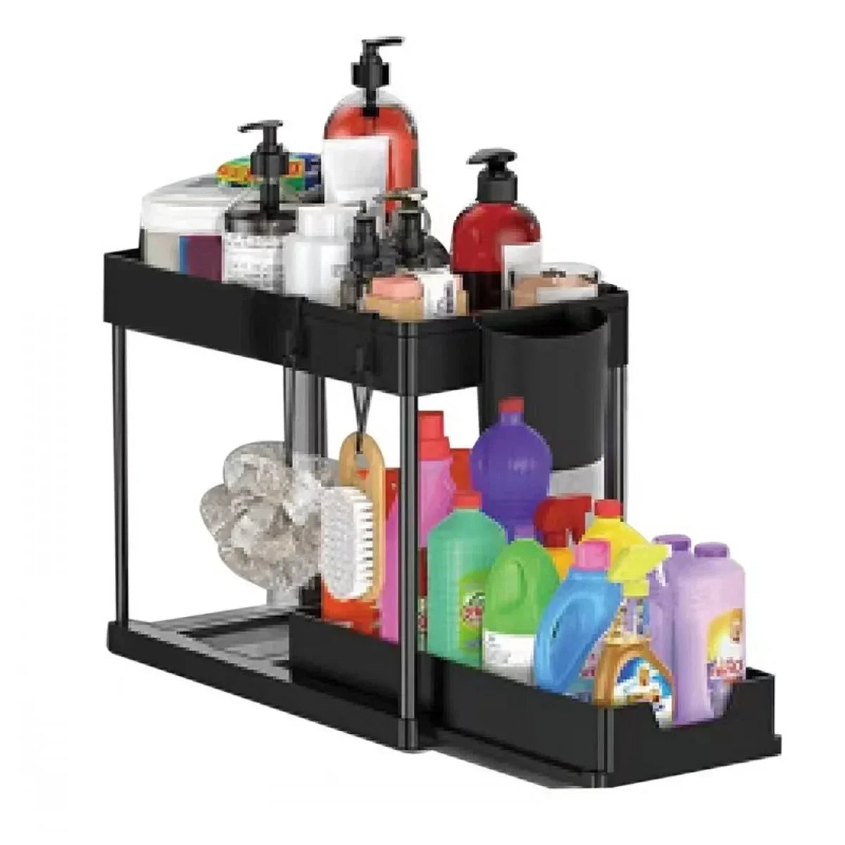 Two Tier Under Sink Organizer With Sliding Basket And Hooks