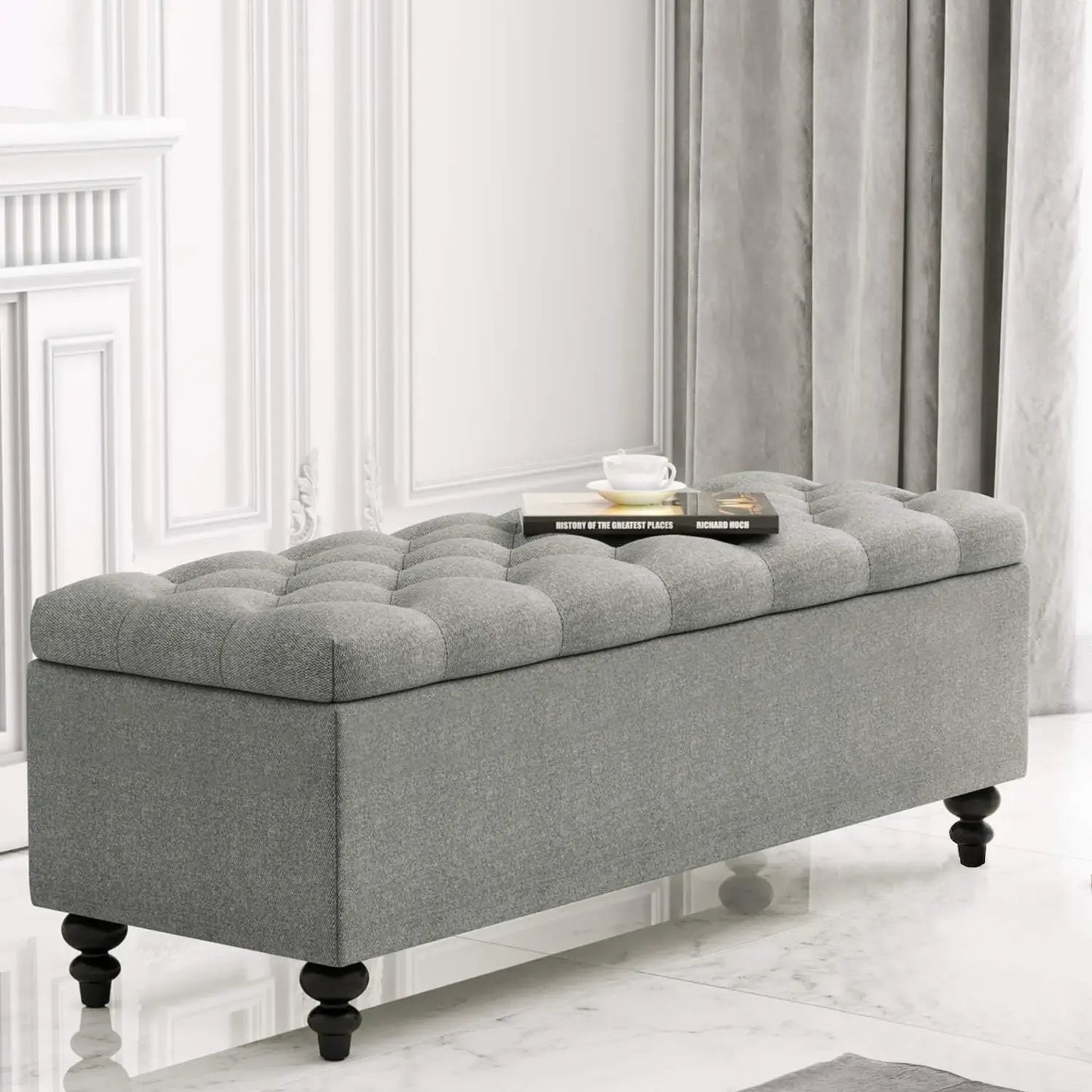 Upholstered Button Tufted Storage Ottoman With Safety Hinge