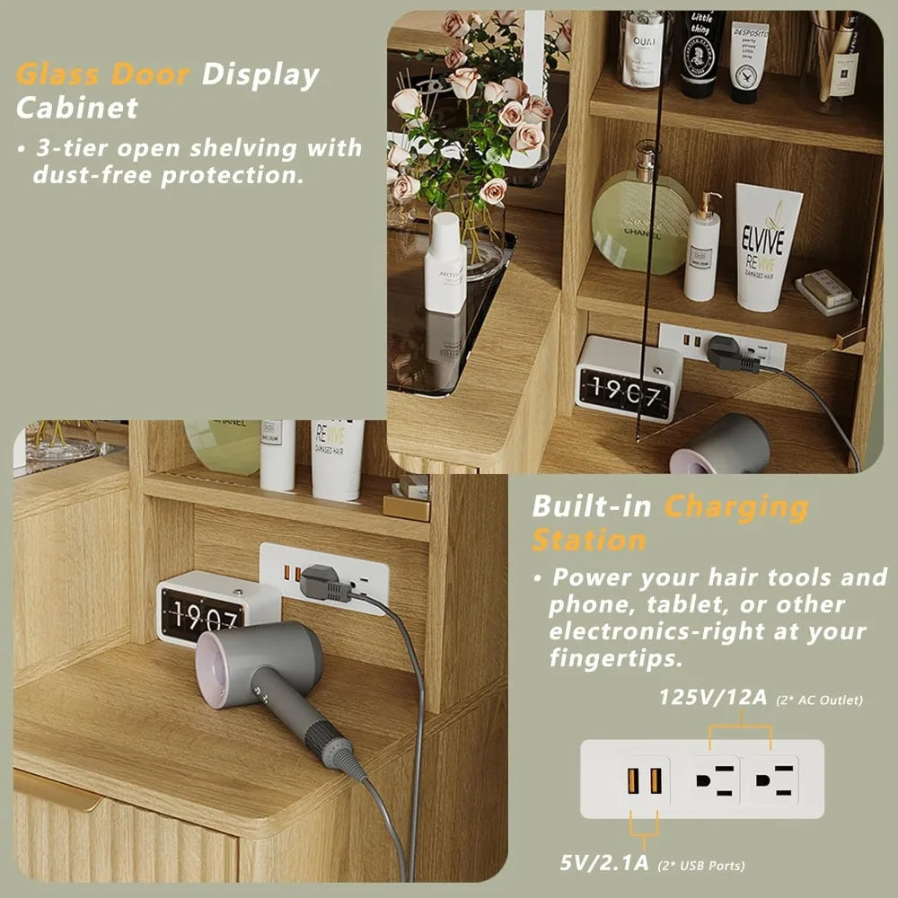 Fluted Vanity Desk 36 in LED Mirror and 47 in Makeup Table